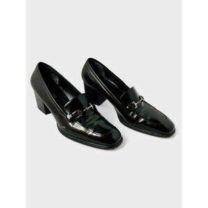 Vintage GUCCI high heel black  loafers with silver horse-bit buckle , size 9